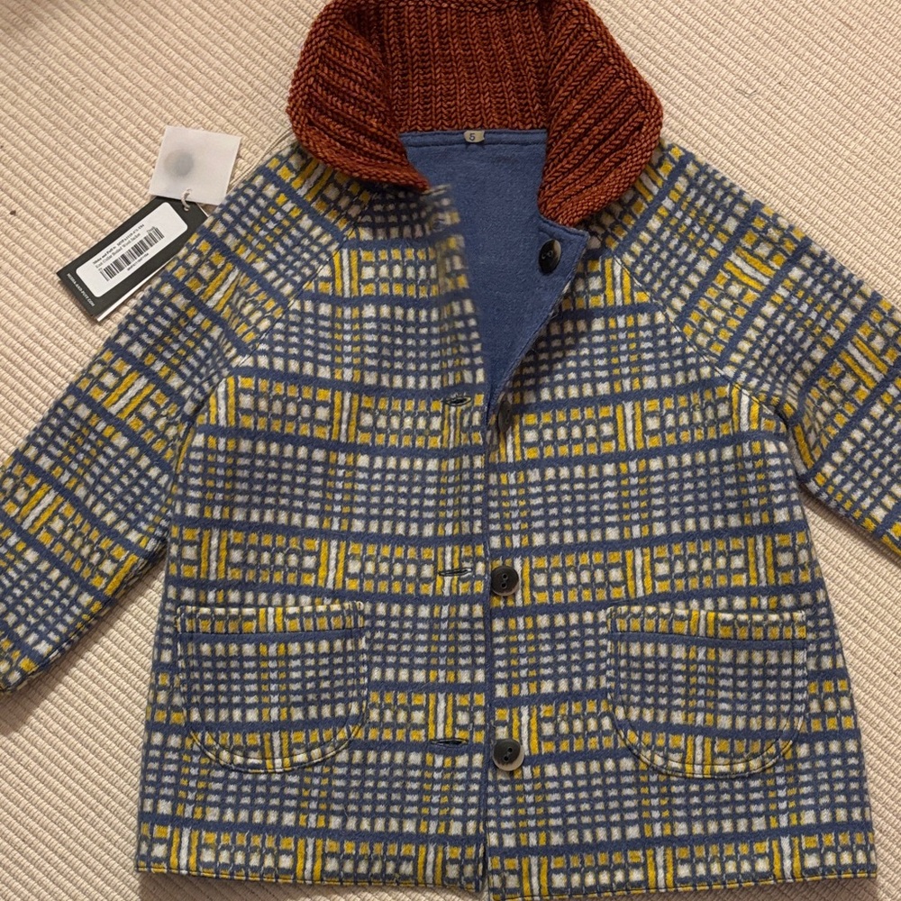 Misha And Puff Reversible Wool Blue and Yellow Plaid Kids Pea Coat